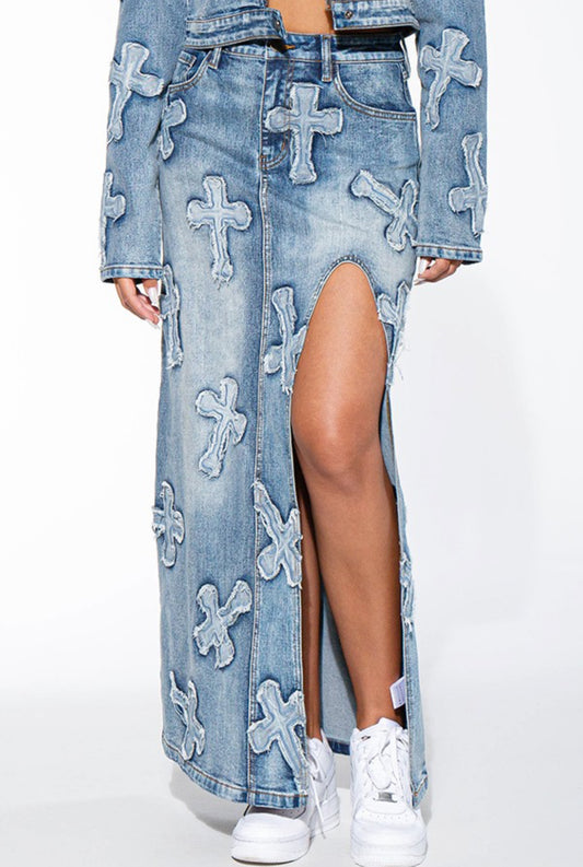 ‘Extremely Blessed’ denim maxi skirt
