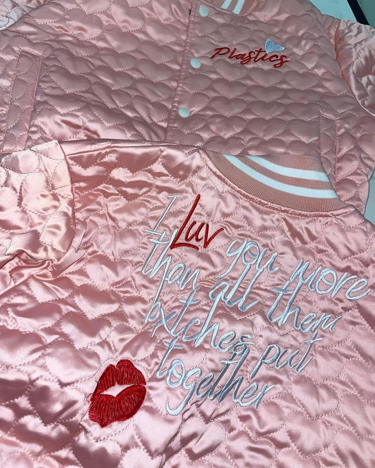‘Luv you more 💋’ bomber jacket