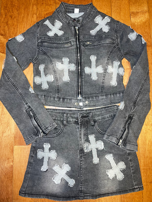 ‘Blessed’ denim mini skirt set